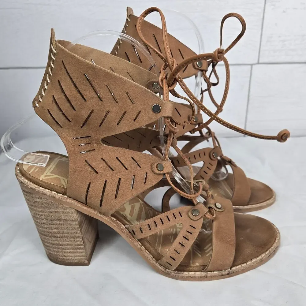 Dolce Vita Luci Ghillie Sandals Brown Tan Leather Lace Up Block Heel Size 8
